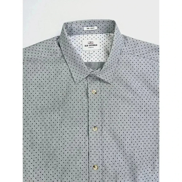 Ben Sherman Soho Slim Fit Mens Size Large Gray Black Polka Dot Long Sleeve Shirt - Picture 11 of 13